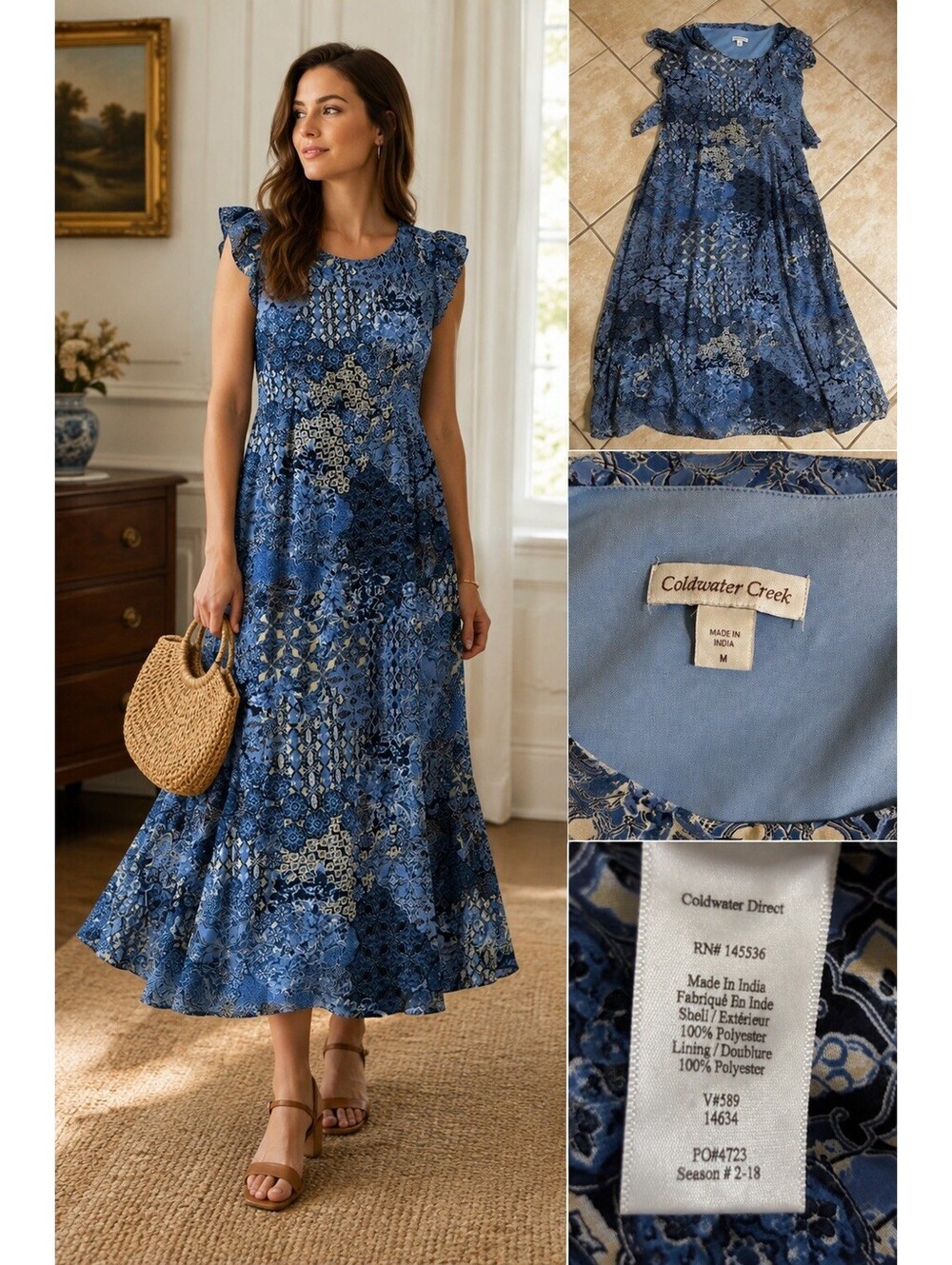 Coldwater Creek Women’s M Blue Floral Patchwork Maxi Dress Ruffle Sleeve Boho